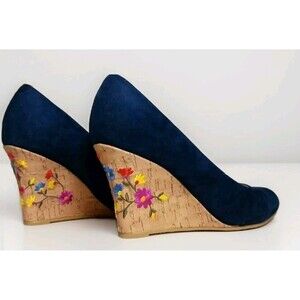 Rialto Navy Suede Wedge Heels Floral Embroidered Cork Heel Sz 8 Boho Artisan